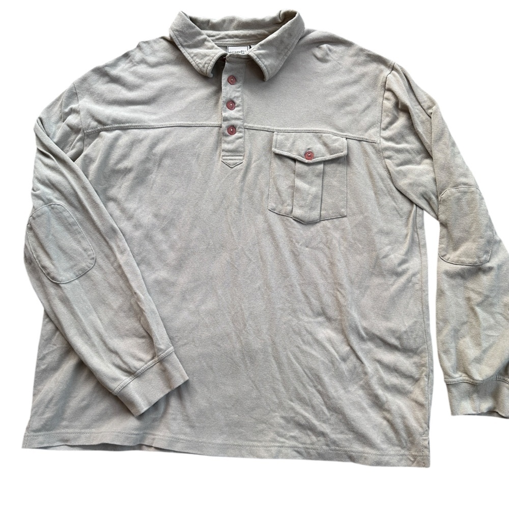 Scandia Woods Polo Shirt M XL Tan Long Sleeve Cotton Pique Excellent Elbow Patch